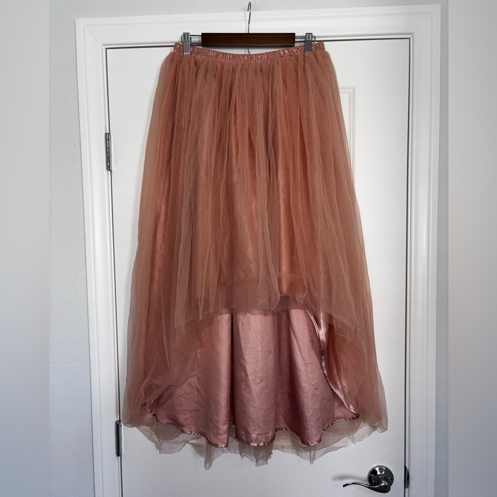 Elegant Blush Pink Layered Swallowtail Hi Low Tulle Over Satin Maxi Skirt
